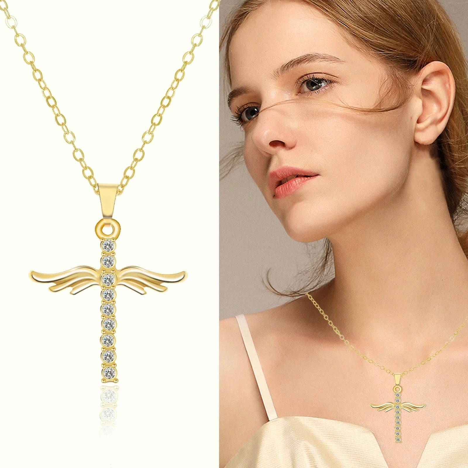 Elegant Angel Wings Cross Pendant Necklace with Adjustable Stainless Steel Chain in Gold and Silver Tones