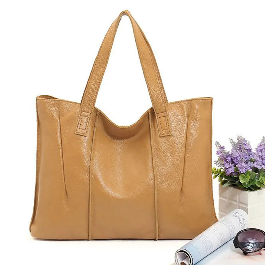 Top grain leather single shoulder tote bag in apricot with stitching and patchwork, soft genuine leather, women's daily wear bag.