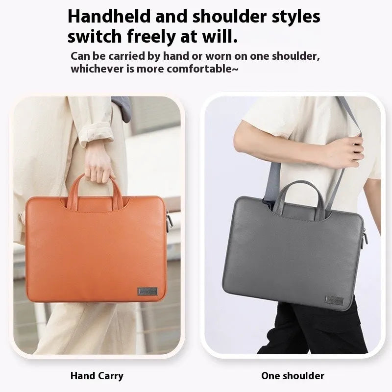 Leather laptop bag with integrated power bank for 13-16 inch notebooks, featuring PU construction, 370x280x30mm storage dimensions and 540g lightweight design in black, brown, pink or dark grey power bank colour options.