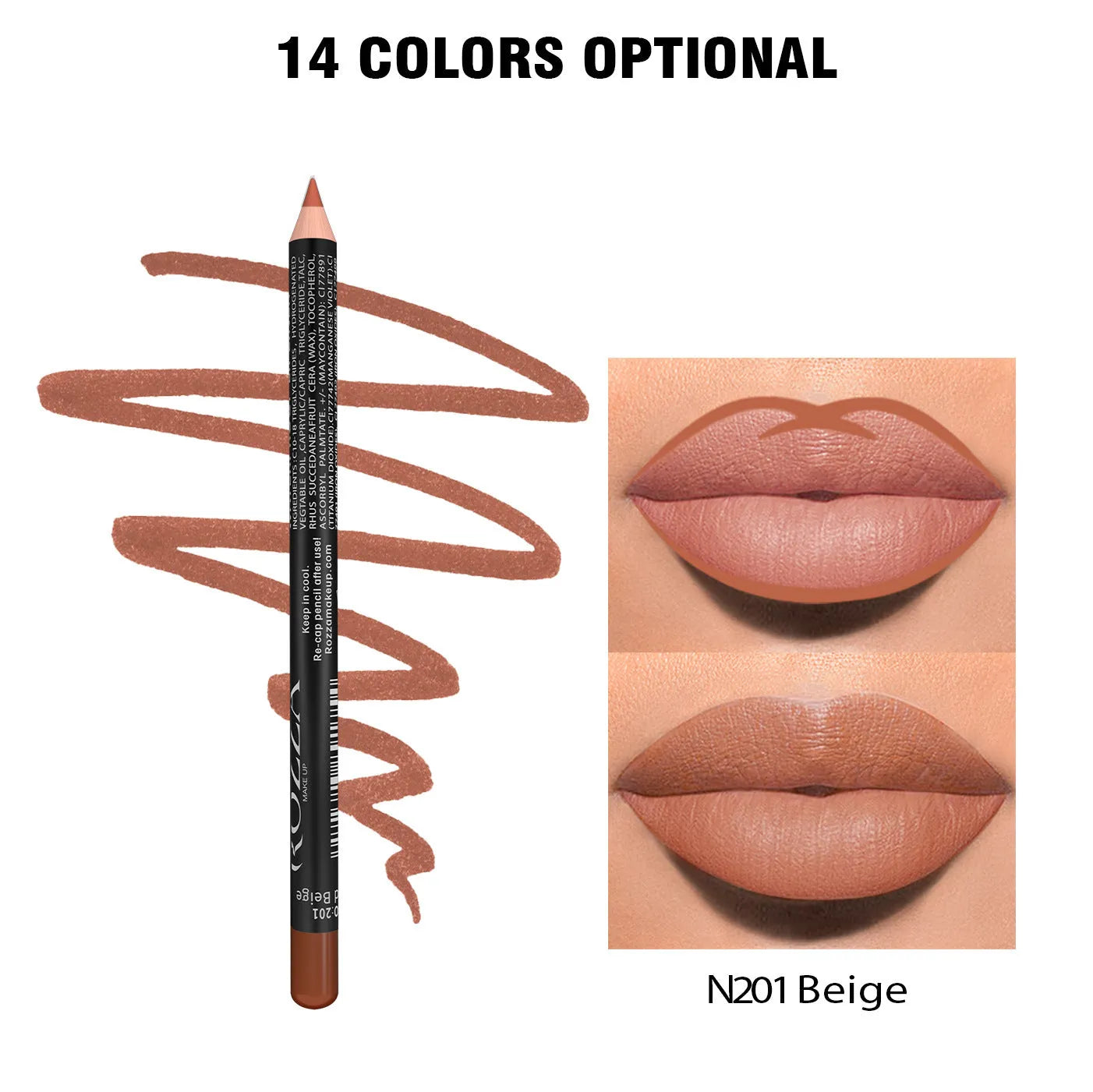 Matte lip liner pencil in wooden casing shown in shade range 201-214 on a white background