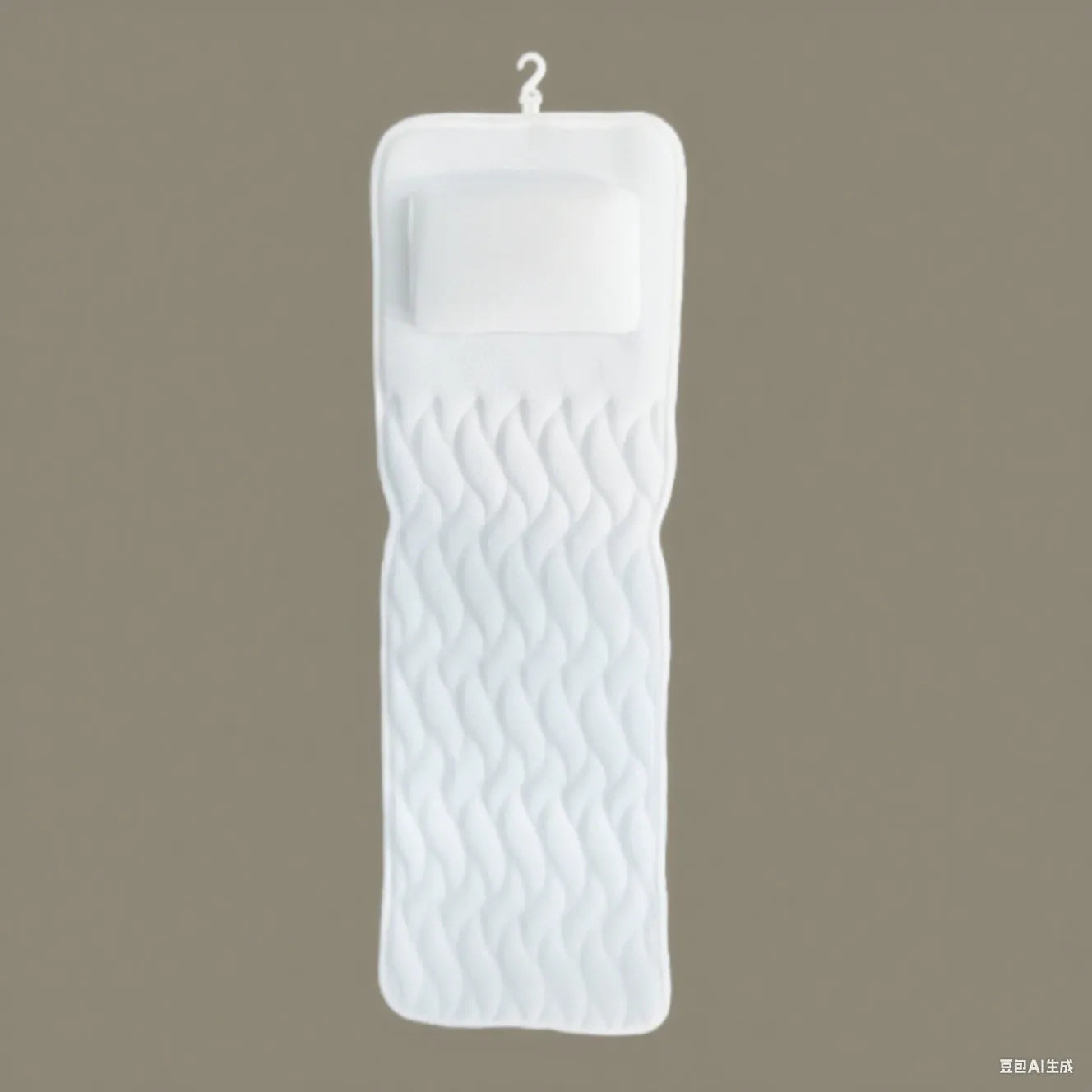 White bathtub pillow with 7 suction cups and 4D mesh design, measuring 37x34x10cm, on a bathtub