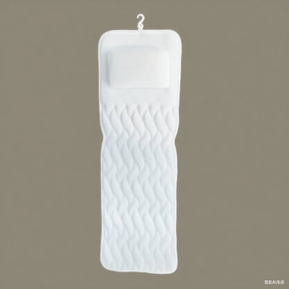 White bathtub pillow with 7 suction cups and 4D mesh design, measuring 37x34x10cm, on a bathtub