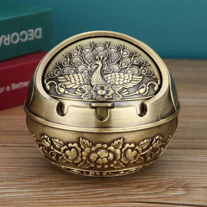 Alloy ashtray with smoke extinguishing slot in bronze finish, featuring Dragon and Phoenix motif, S size