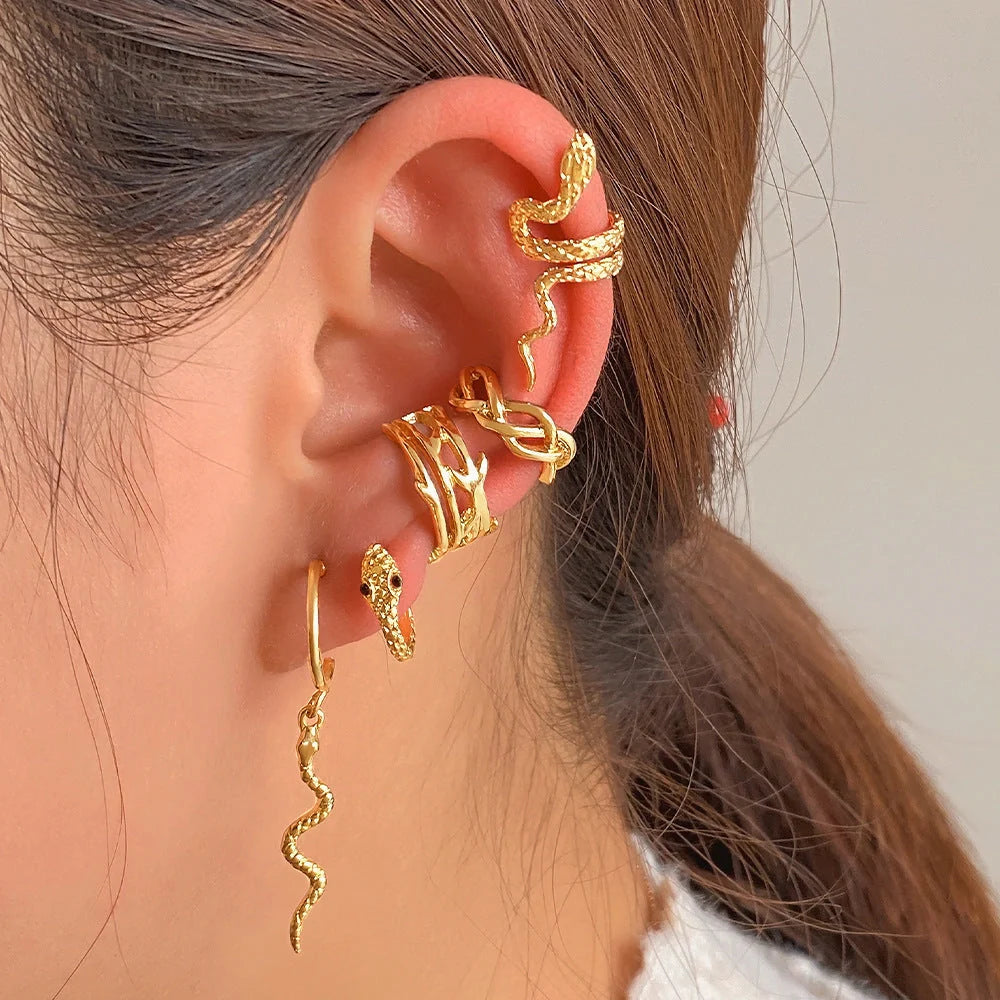 Gold plated snake clip earrings for women, no piercing required, trendy jewelry