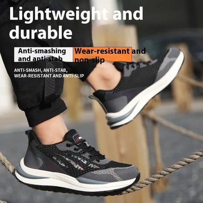 Men's black and grey insulated electrician safety shoes with lace-up closure, showing microfiber leather and mesh upper.