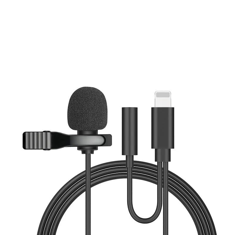 Wired lavalier microphone with clip and in-ear headphones for iPhone and 3.5mm devices.