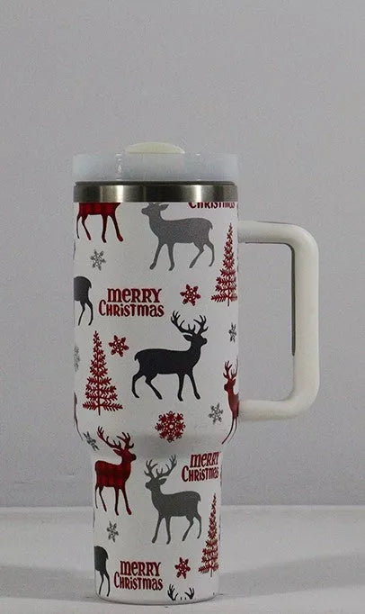 Christmas pattern stainless steel vacuum tumbler with handle and straw