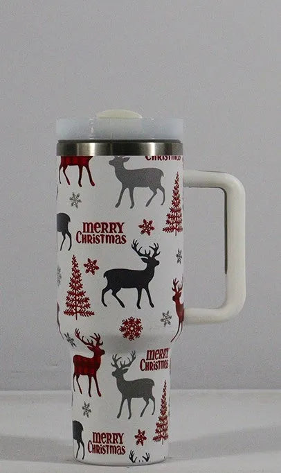 Stainless steel travel tumbler with handle, 1200ml capacity, Christmas pattern design, car cup holder compatible