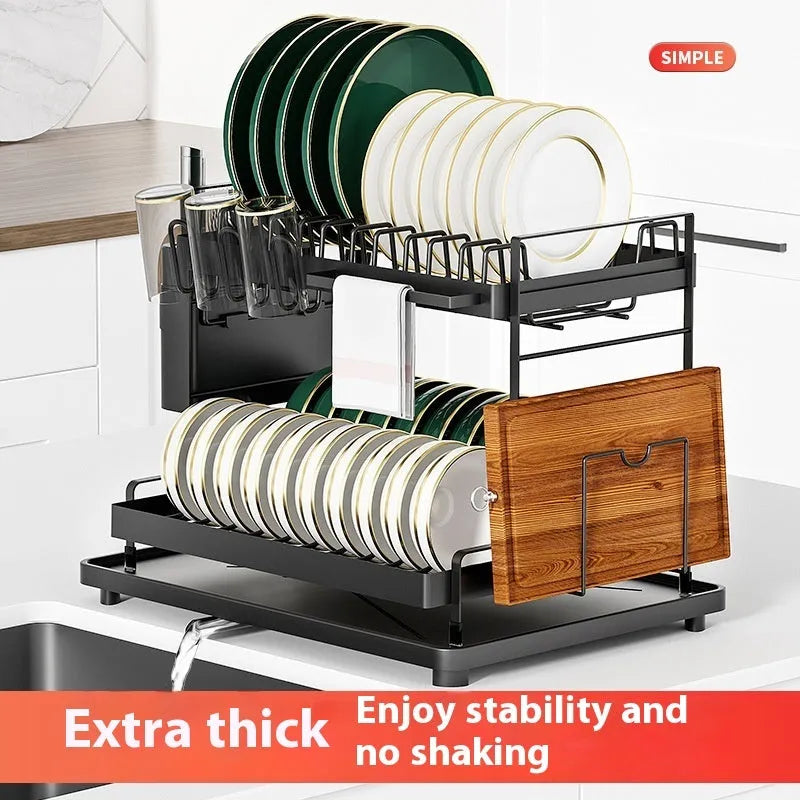 White double-layer kitchen storage rack with removable draining section on a countertop