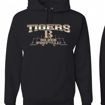 Black drop-shoulder sleeve polyester pullover hoodie on a hanger.