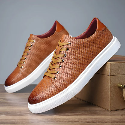 Men's black low-top business shoe with artificial PU leather upper and rubber sole.