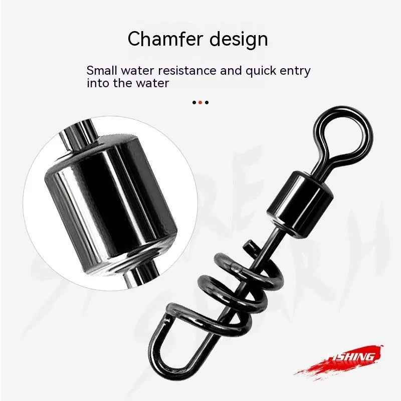 Stainless steel fishing swivel connector with an 8-shaped ring and a copper crimping sleeve on a blue background.