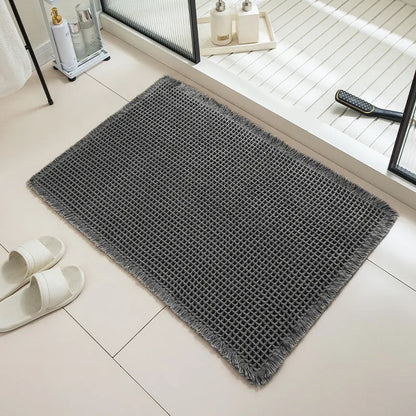Checkered pattern non-slip bathroom carpet in beige colour with woven polyester construction