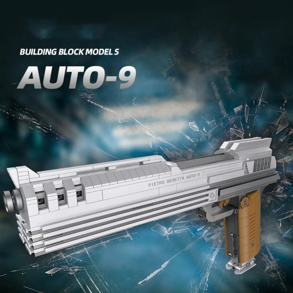 Children's toy gun model with small particle building blocks in colour box packaging