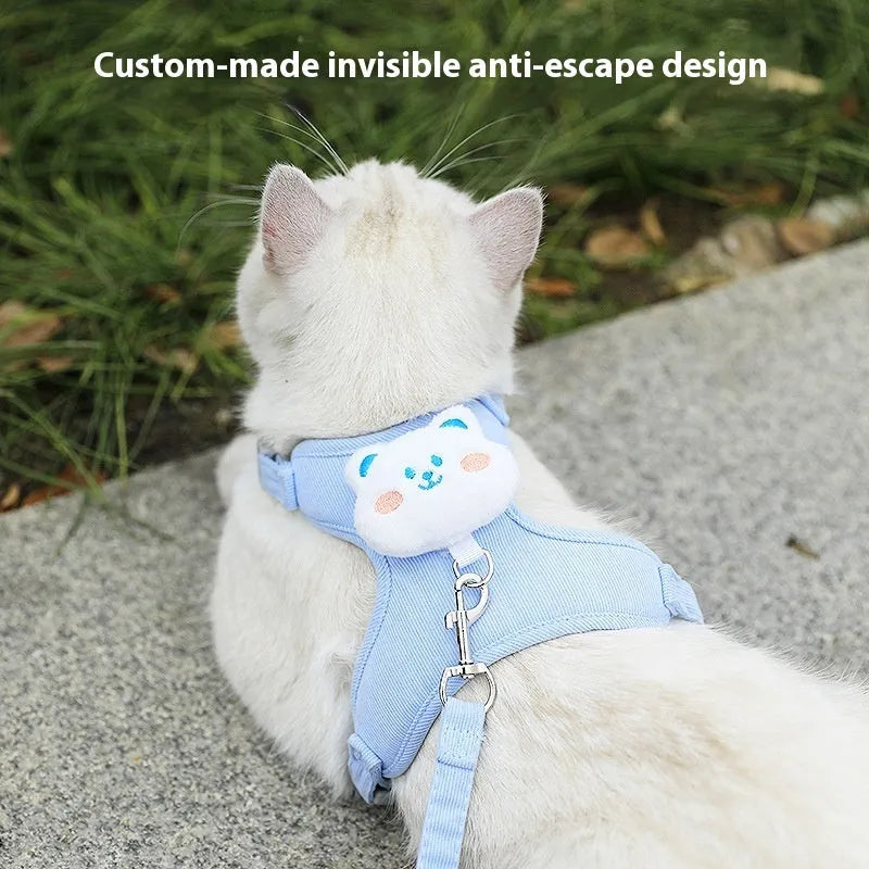 Cat Walking Rope Adjustable Polyester Chest Strap Leash in Corduroy Pink Rabbit or Blue Bear Design, 1.2m or 1.8m Hand Holding Rope, Sizes S and M for Cats and Small Dogs Going Out