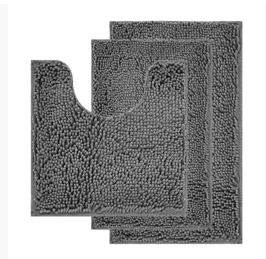 Chenille three-piece bathroom carpet set with U-shaped toilet mat, TPR backing, in green colour variations