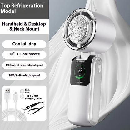 Blue USB rechargeable handheld folding fan with a neck strap and speed control buttons