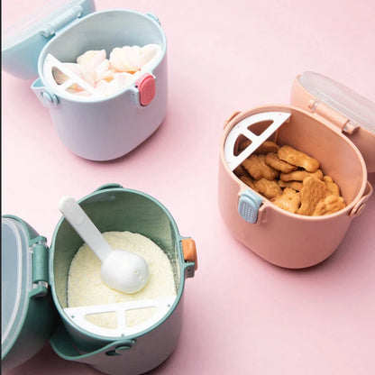 Airtight baby milk powder storage container with scoop in blue, green, and pink
