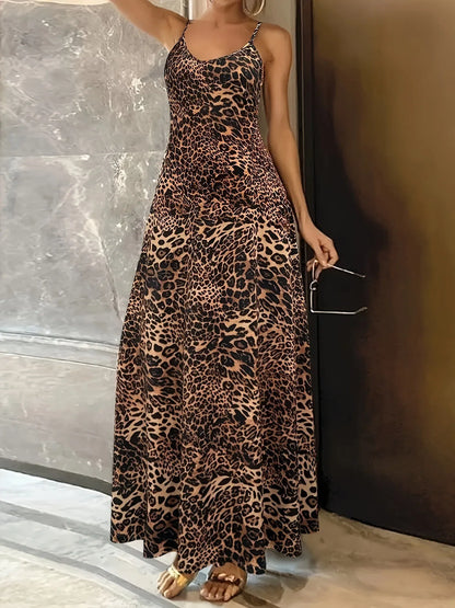 Dark brown leopard print sleeveless dress with sling shoulders and round neck