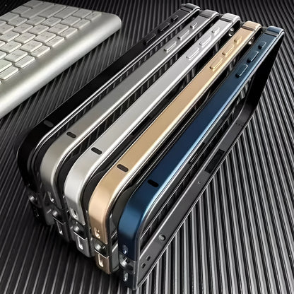 Ultra-thin metal phone case for iPhone 15 Pro Max in Dark Night Purple with shockproof border and oxidised finish.