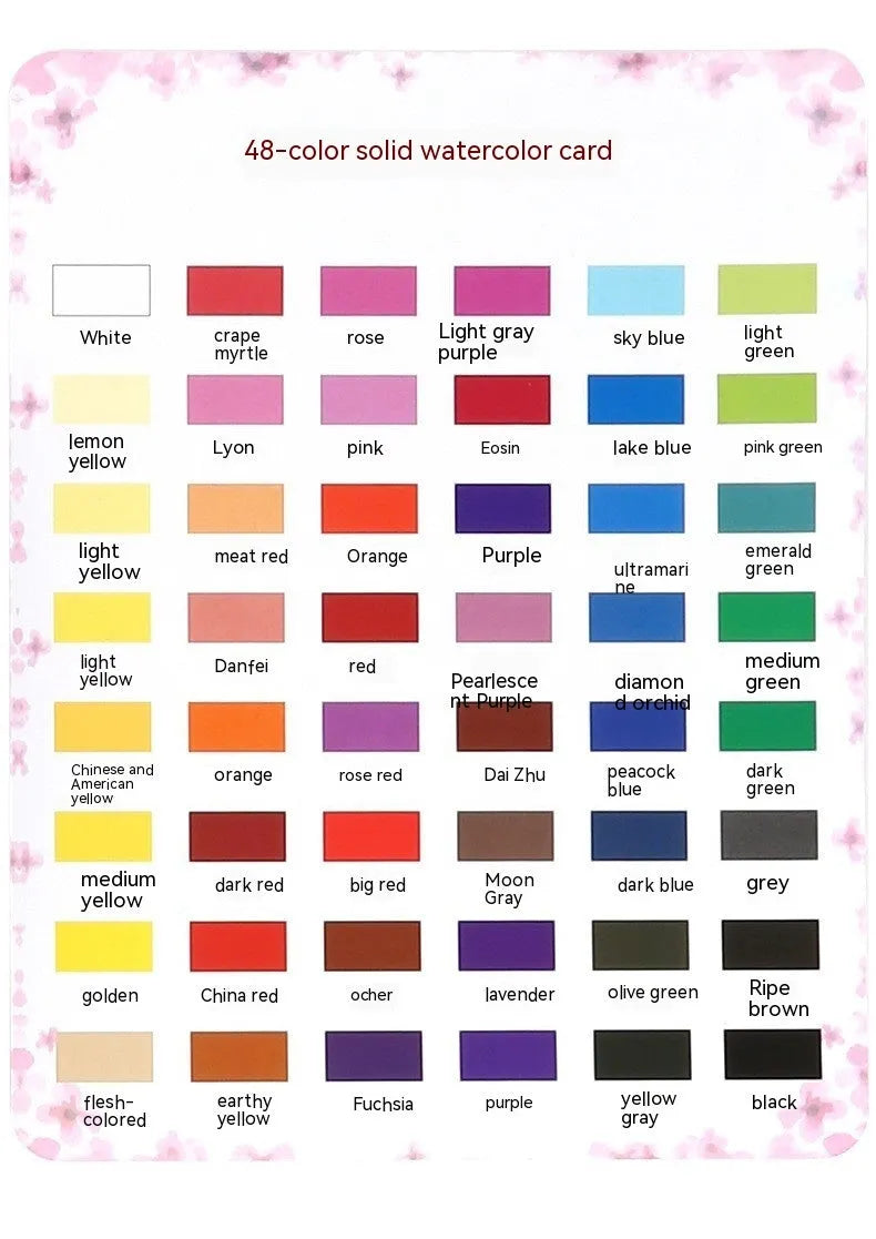 48 colour solid watercolour paint set showing Black Knight, Girl Pink and Sunshine Blue pigment blocks