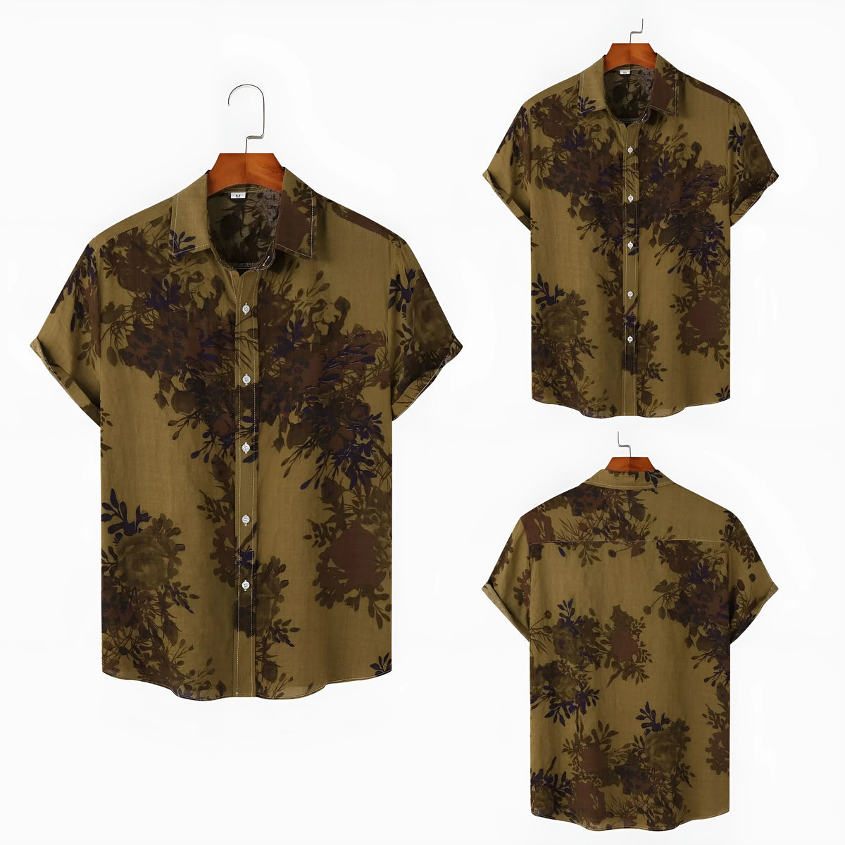 Men's floral lapel shirt in gray, khaki, yellow or burgundy, cotton button-front top, sizes M to 3XL