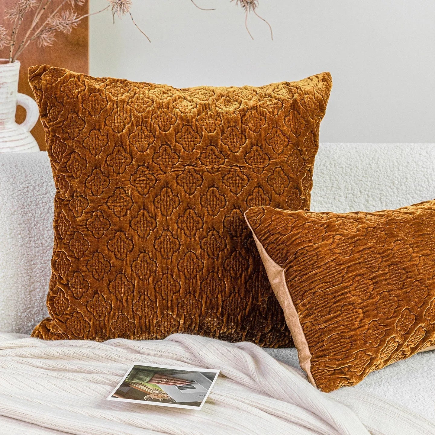Brown gold antique style quilted cushion pillow showing three-dimensional quilting pattern and feather velvet filler