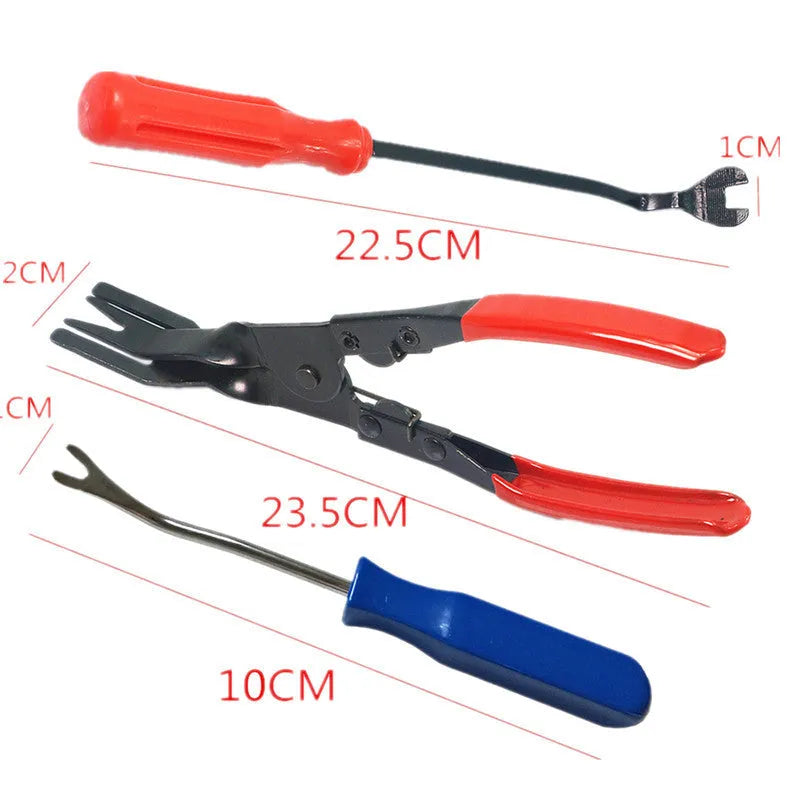 Red-handled steel pliers for nailing General Motors automotive door panels, weighing 203g