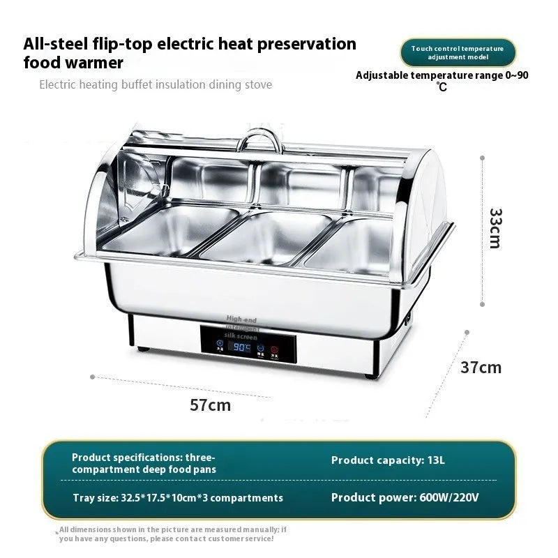 Stainless steel electric buffet stove with transparent visible interior and LCD temperature control screen