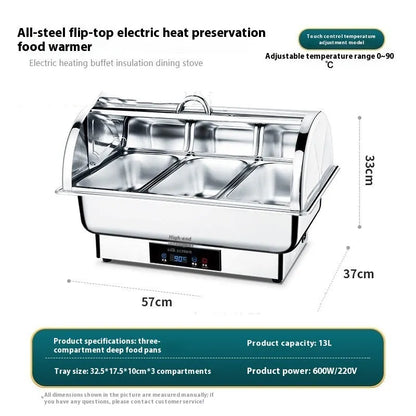 Stainless steel electric buffet stove with transparent visible interior and LCD temperature control screen
