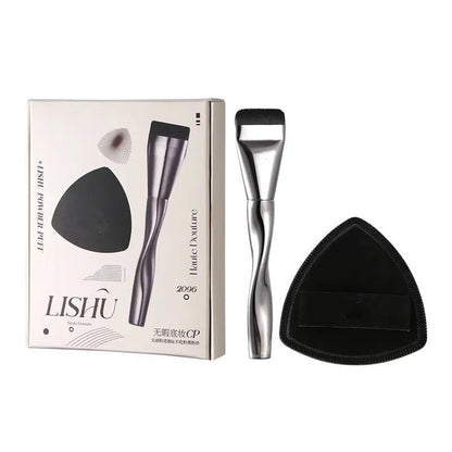 Black spiral powder foundation brush with plastic handle and protective pineapple-patterned travel box