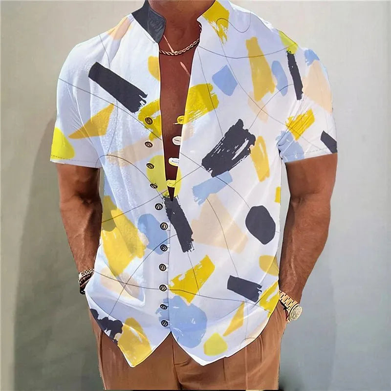 Youth wearing geometric floral print short sleeve cardigan shirt in chemical fibre blend fabric