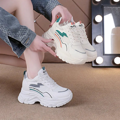 Women's white and beige height increasing dad shoes with lace-up front and rubber sole