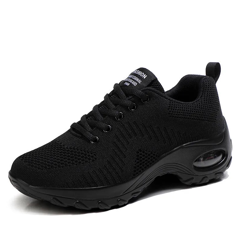 Women's red and black mesh sneakers with round toe, front lace-up, and 3-5cm mid heel on PU sole