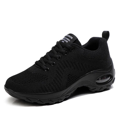 Women's red and black mesh sneakers with round toe, front lace-up, and 3-5cm mid heel on PU sole