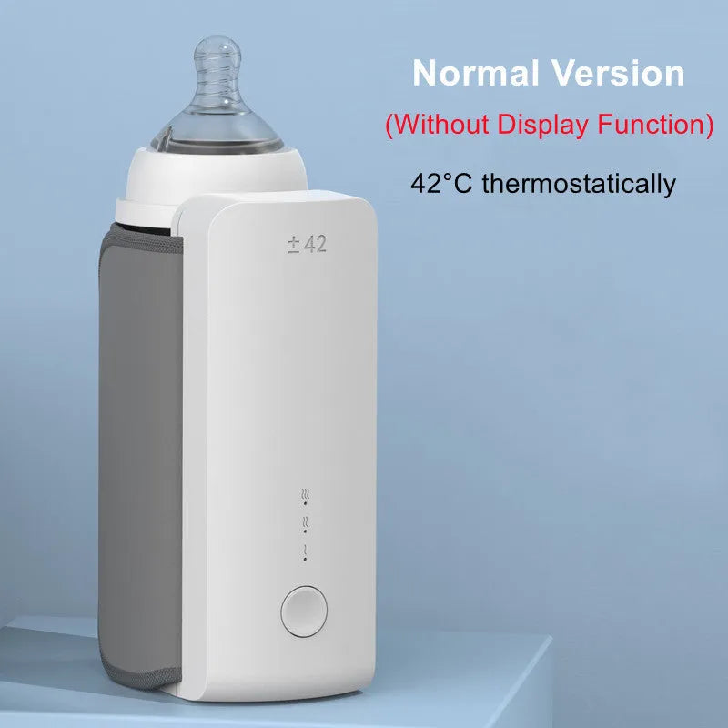 Grey non-woven portable baby bottle warmer with USB charging cable showing wrap-around design for universal bottle fit