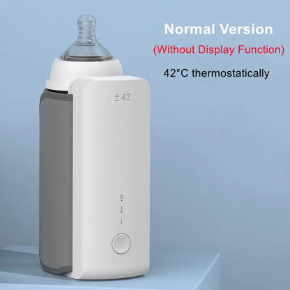 Grey non-woven portable baby bottle warmer with USB charging cable showing wrap-around design for universal bottle fit