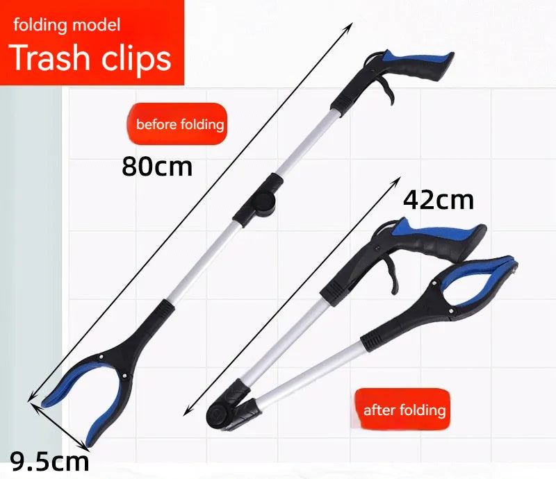 Foldable aluminium garbage clamp with extended pole and magnet sucker on blue handle.