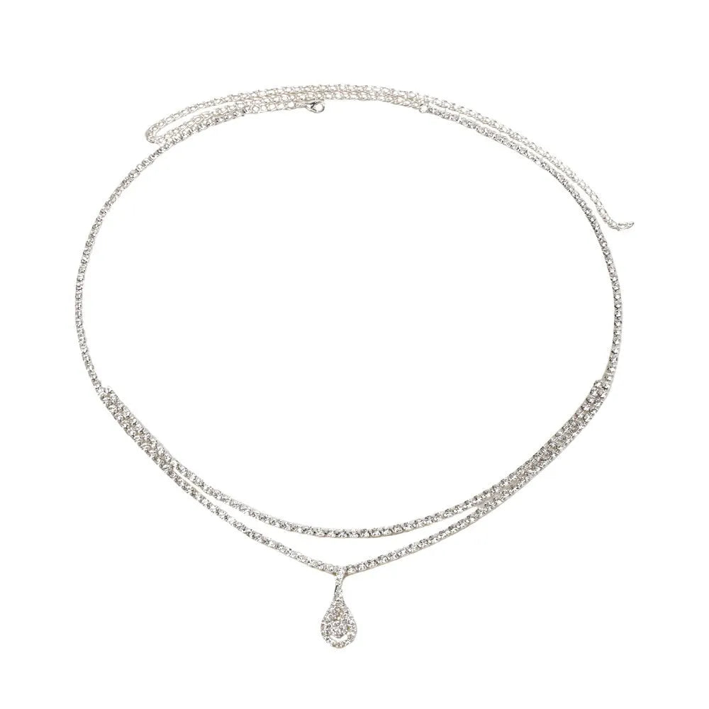 Gold water drop pendant waist chain with tassel detail and lobster buckle closure on white background