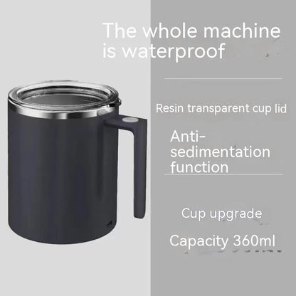 White automatic magnetic stirring coffee cup with stainless steel interior on a desk