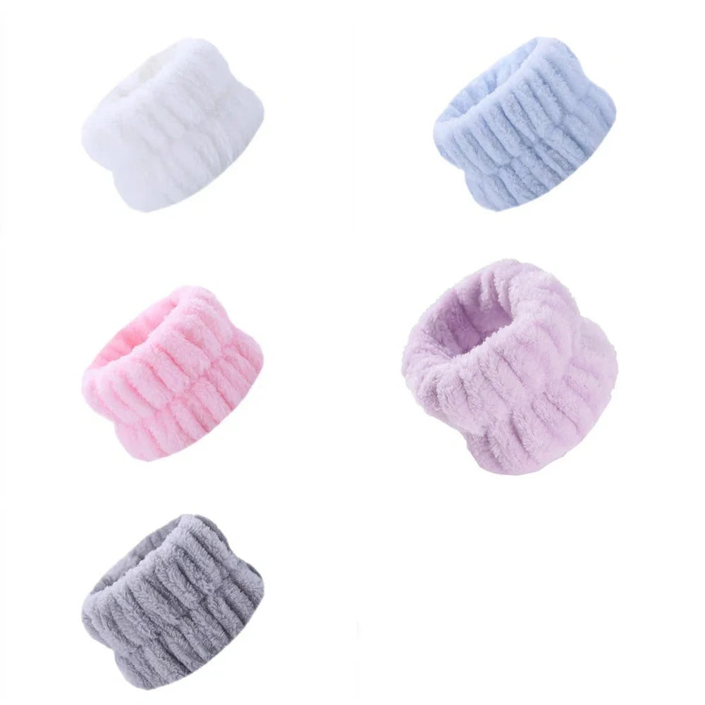 Coral velvet wrist washband with elastic band for facial cleansing, grey colour option shown