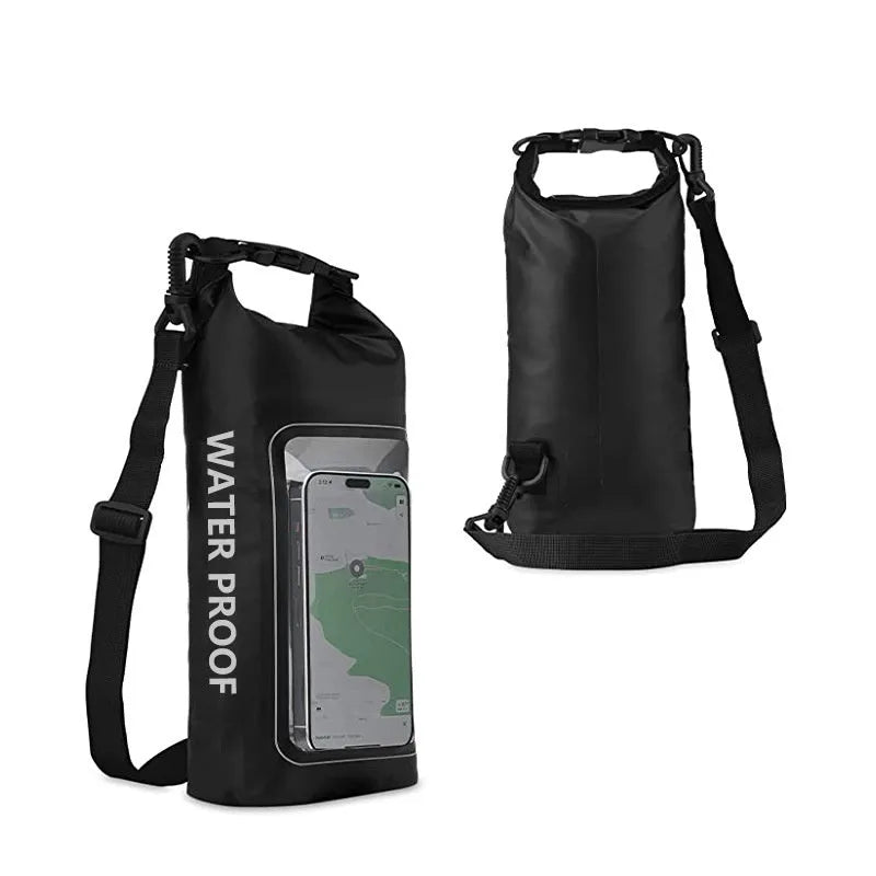 Army green PVC waterproof crossbody bag for mobile phones on a beach.
