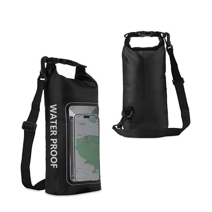 Army green PVC waterproof crossbody bag for mobile phones on a beach.