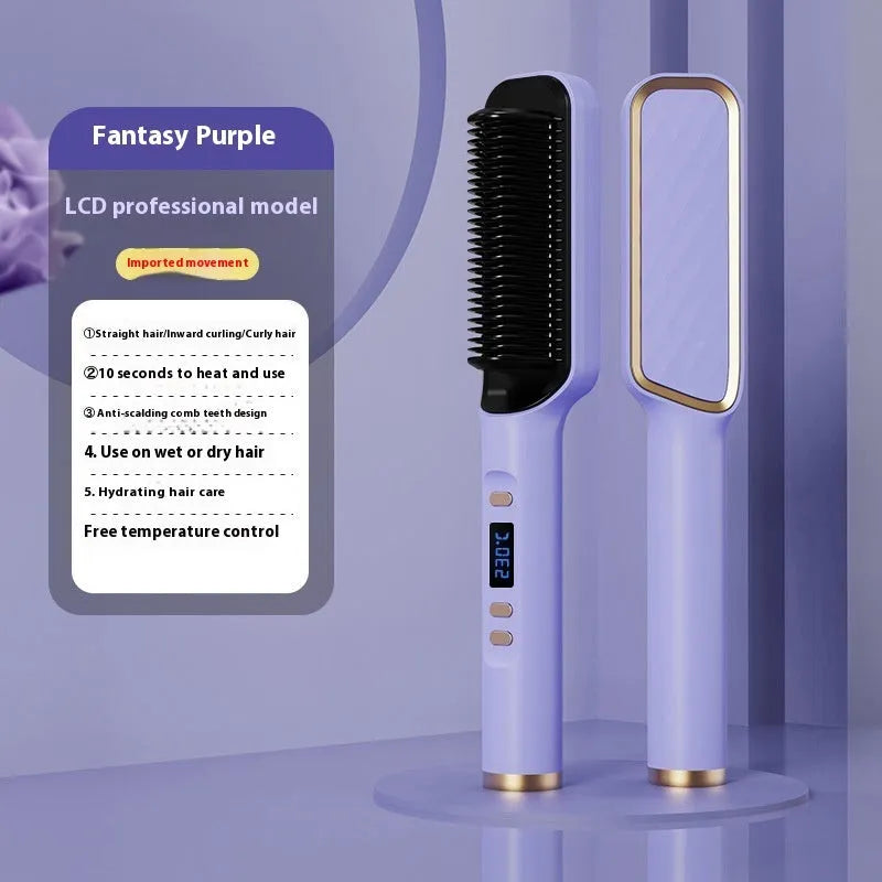Negative ion hair straightening comb with LCD screen in avocado green colour.