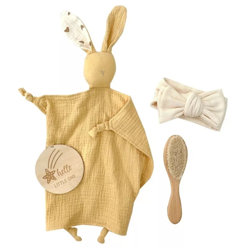 Natural cotton baby bath toy set with wooden rattle and comfort towel