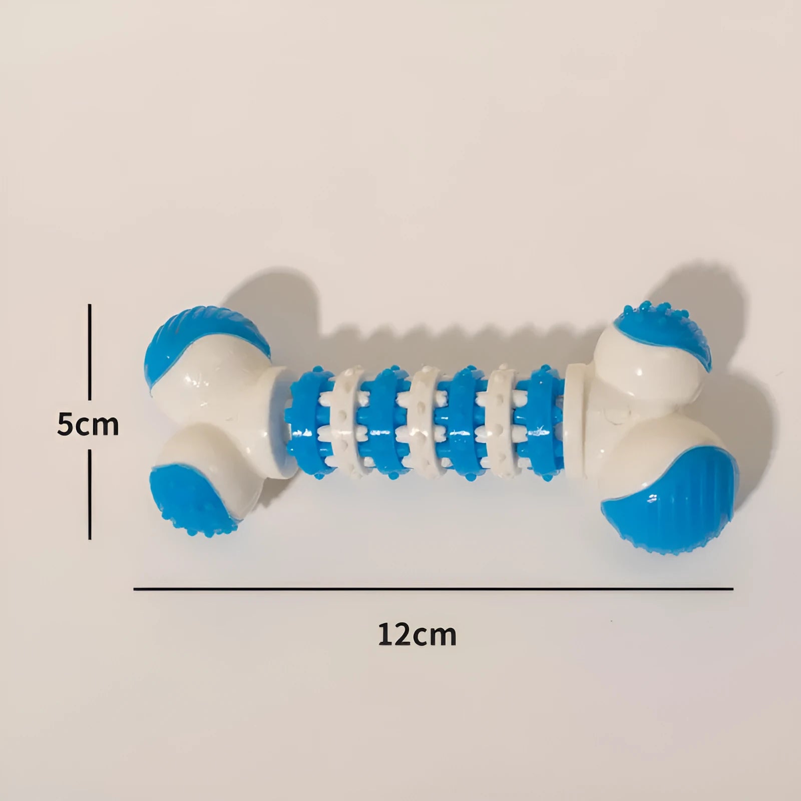 Bone-shaped interactive dog toy in blue, orange, or red for small breeds with treat holder