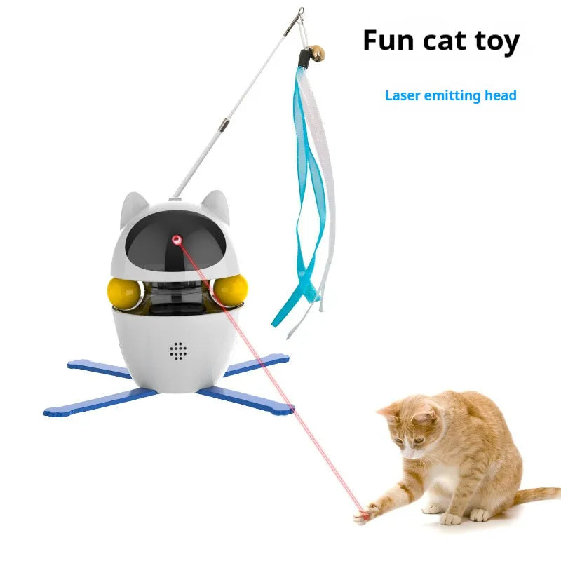 White automatic motion sensor cat toy with elastic rope wand extended