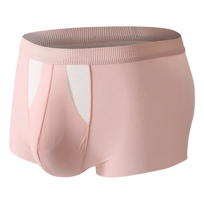 Man wearing black ice silk double-layer underwear shorts with a hole bag design for dry wet separation.