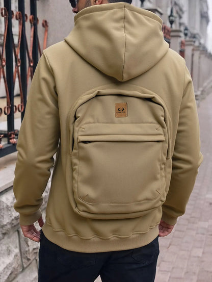 Men's loose-fit hoodie cardigan sweater with back schoolbag design and stick pocket in light grey, black and blue.