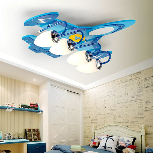 Children's room LED airplane ceiling lamp with remote control and wood art construction